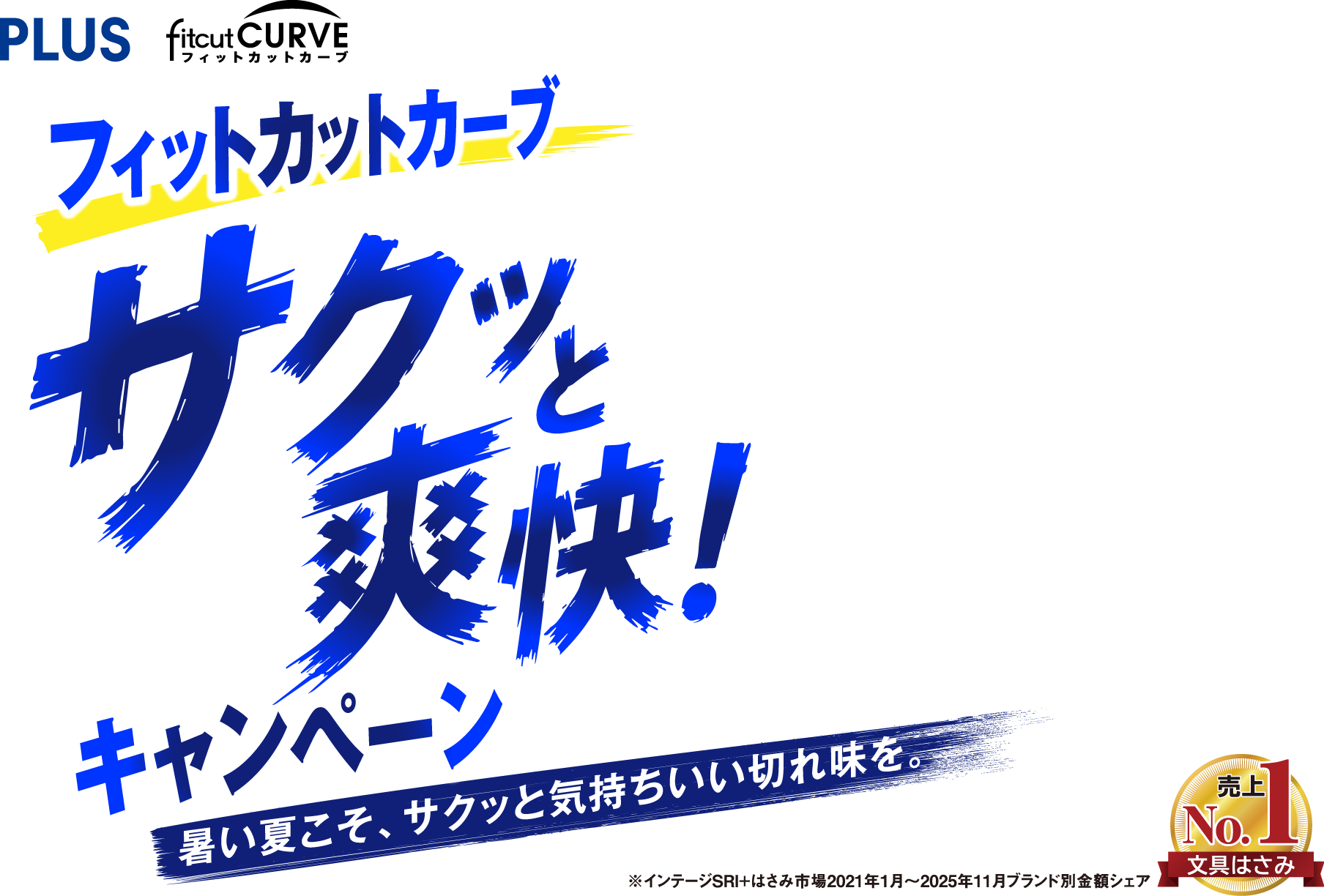 PLUS フィットカットカーブ サクッと爽快!キャンペーン 暑い夏こそ、サクッと気持ちいい切れ味を。 売上No.1文具はさみ ※インテージSRI+はさみ市場2021年1月~2025年11月ブランド別金額シェア